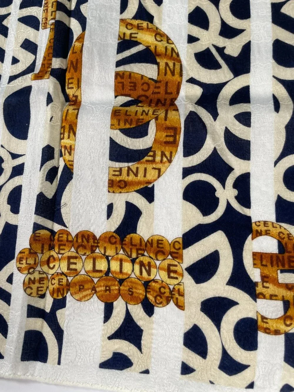 Celine Vintage Cotton Scarf Navy Ivory Gold Logo Stripe Print 22” - Picture 3 of 13